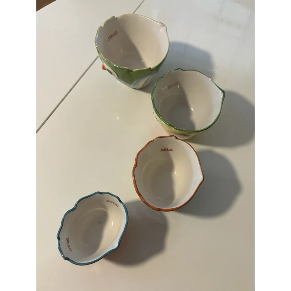 Pier 1 Imports Hand Painted Owl Measuring Cups Set 4 Stoneware Colorful Vintage